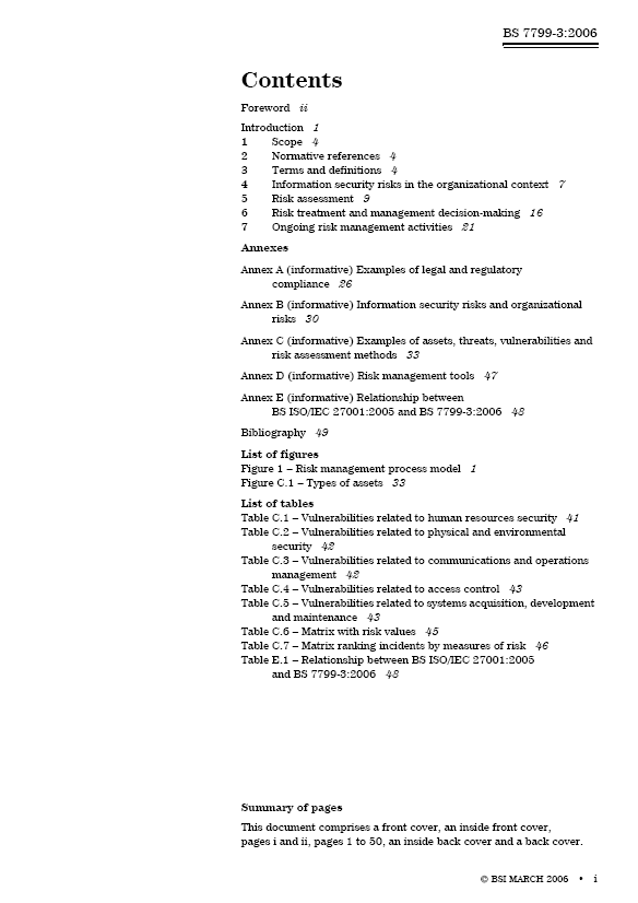 The contents page from the BS7799-3 Guidelines for Information Security Risk Management Standard