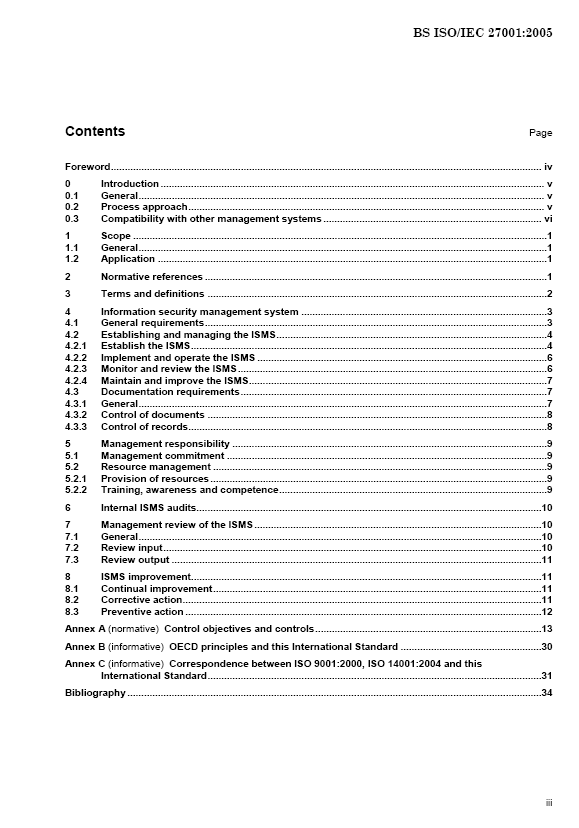 The contents page from the ISO27001 Information Security Management System Specification Standard