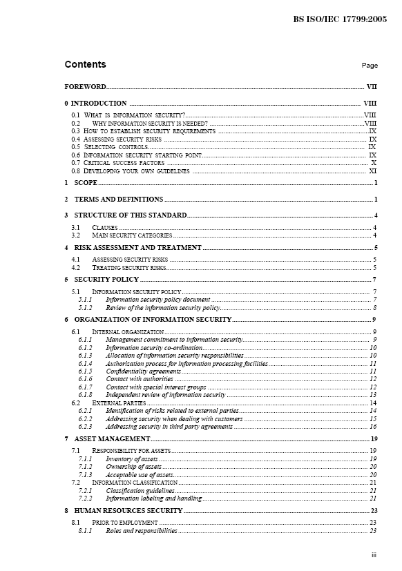 The first contents page from the ISO 17799 Code of Practice for Information Security Management Standard