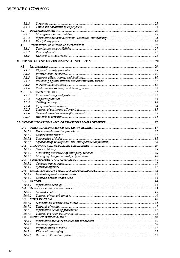 The second contents page from the ISO 17799 Code of Practice for Information Security Management Standard
