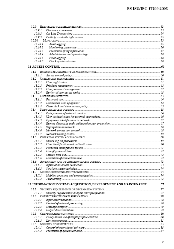 The third contents page from the ISO 17799 Code of Practice for Information Security Management Standard