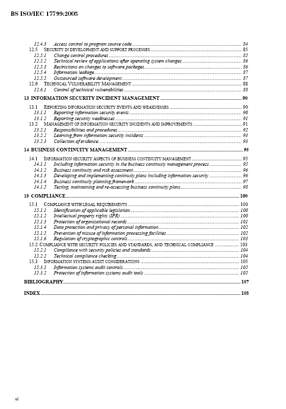The fourth contents page from the ISO 17799 Code of Practice for Information Security Management Standard